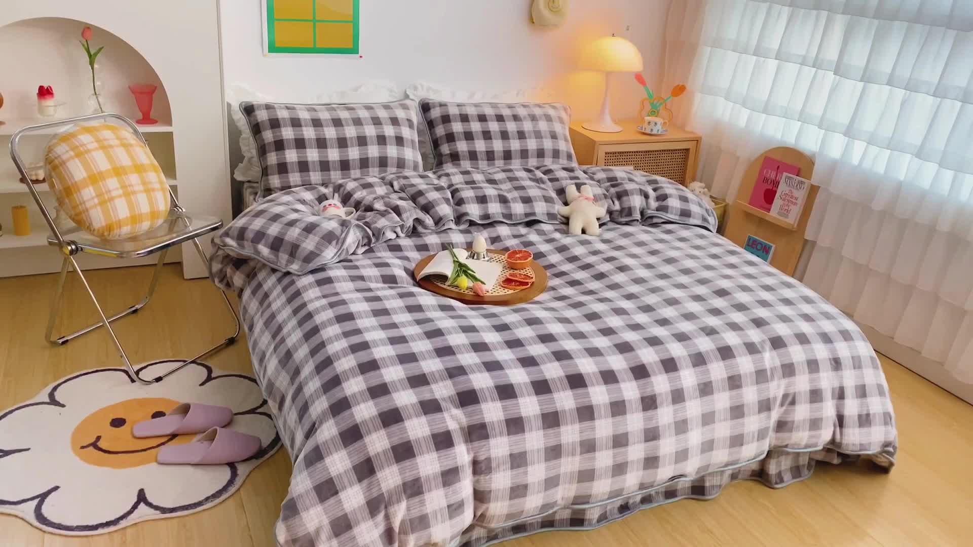 91家纺网 家纺一手货源 找家纺 顾里 2020新款韩国ins高端保暖牛奶绒套件 雾霾灰