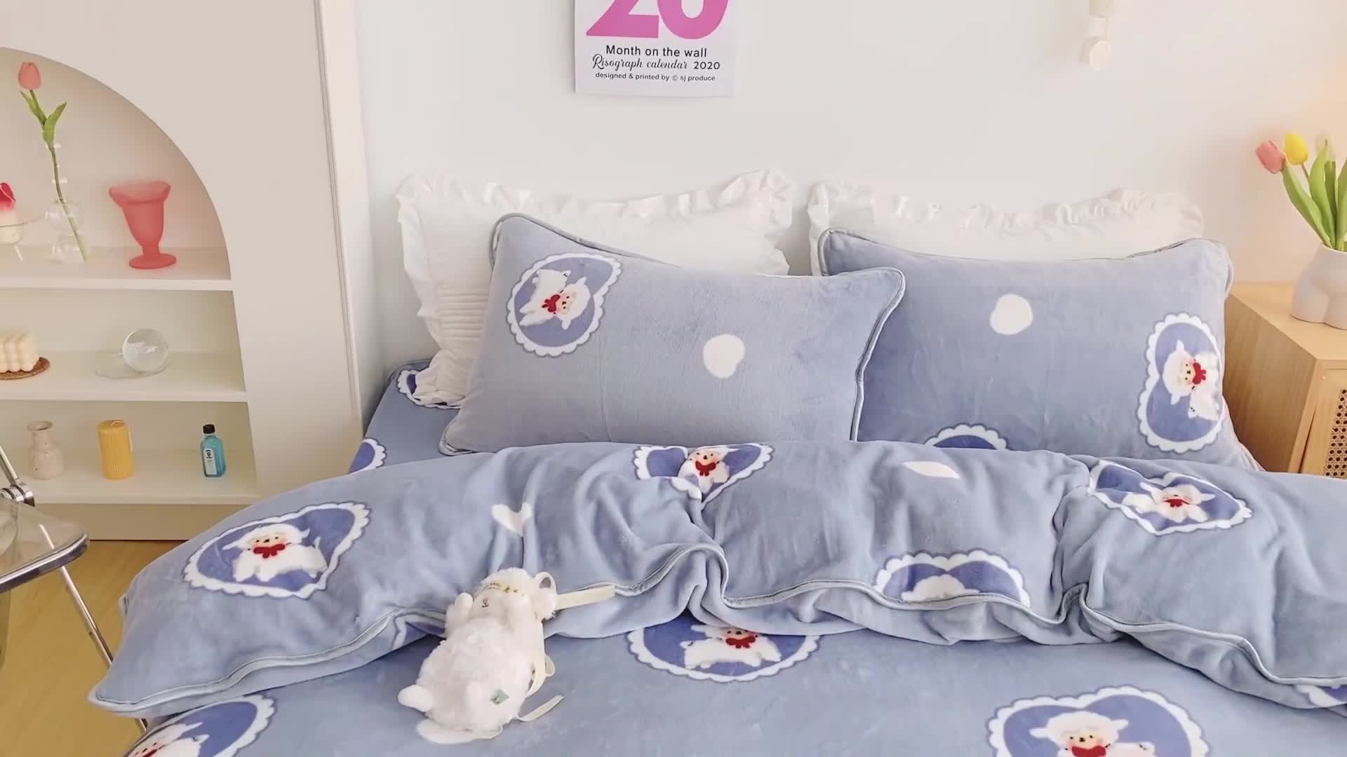 91家纺网 家纺一手货源 找家纺 顾里 2020新款韩国ins高端保暖牛奶绒套件 爱心绵羊