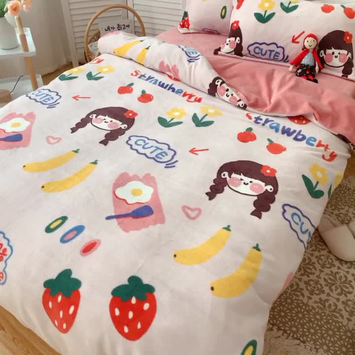 91家纺网 家纺一手货源 找家纺 星期八 2020新款秋冬加厚保暖牛奶绒四件套 草莓女孩