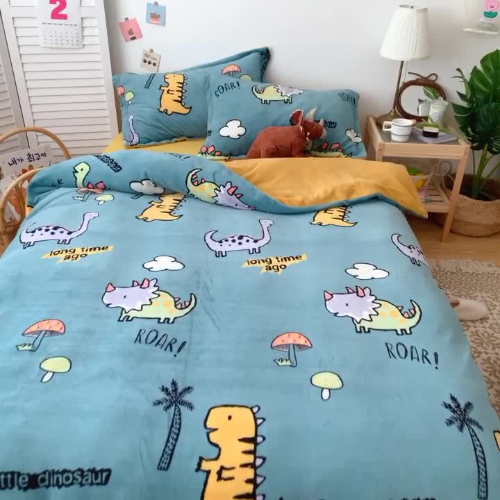 91家纺网 家纺一手货源 找家纺 星期八 2020新款秋冬加厚保暖牛奶绒四件套 小恐龙