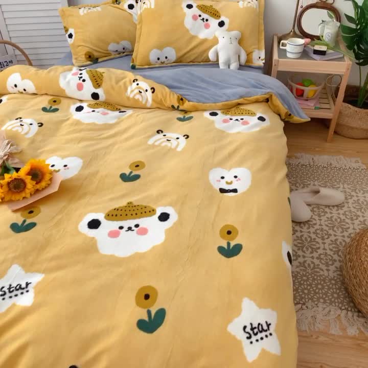 91家纺网 家纺一手货源 找家纺 星期八 2020新款秋冬加厚保暖牛奶绒四件套 小懒熊