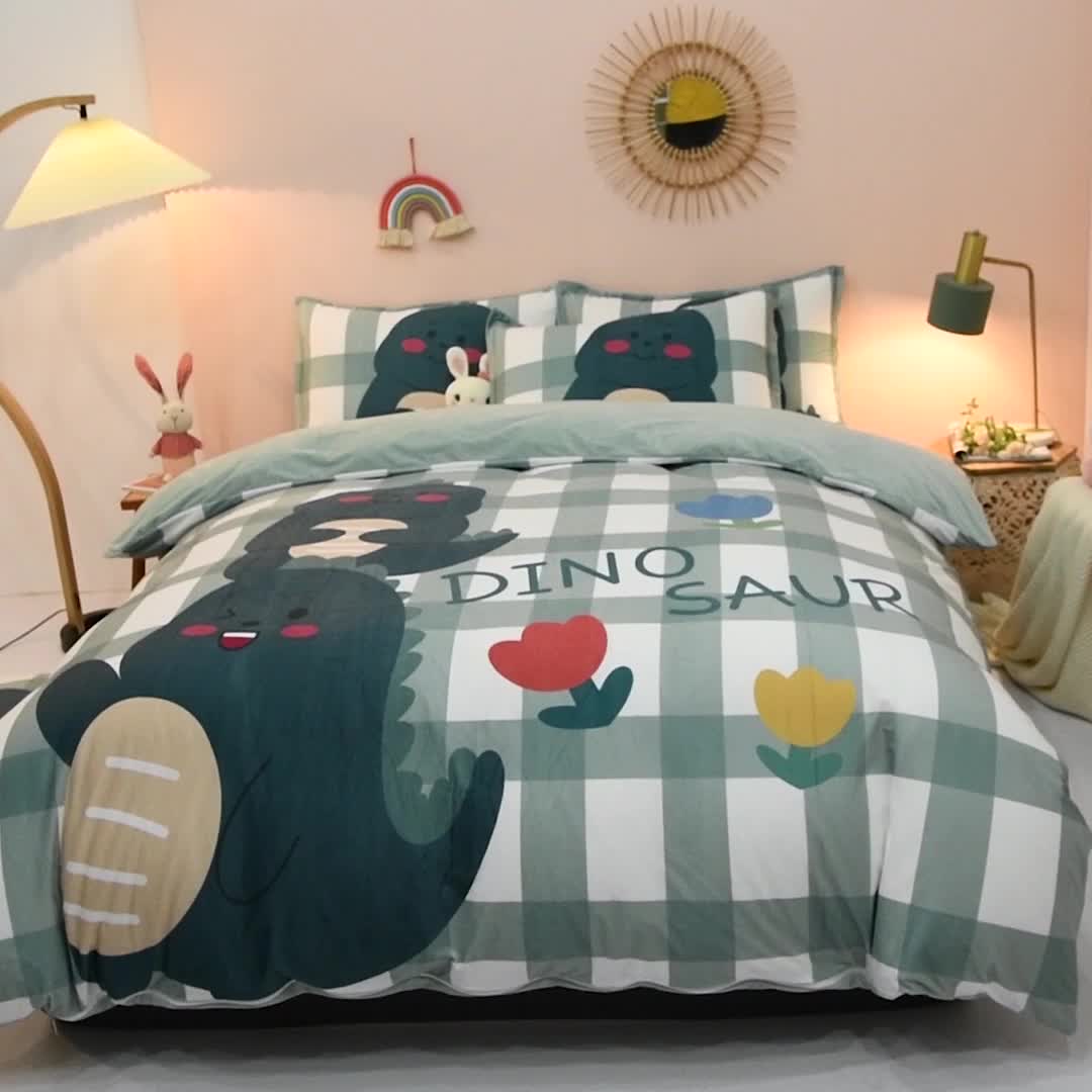 91家纺网 家纺一手货源 找家纺 卡初 2020新款秋冬大版宝宝绒牛奶绒四件套玩耍恐龙