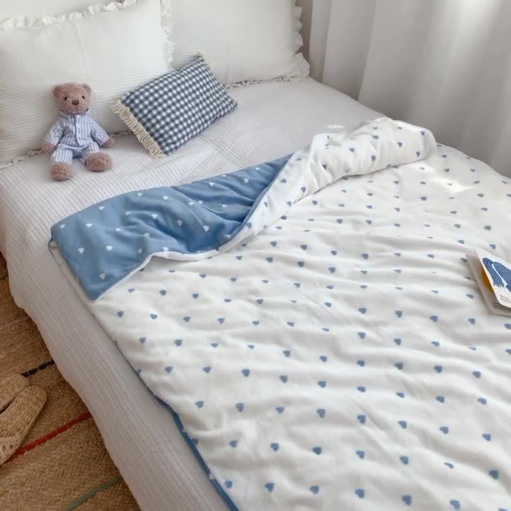 91家纺网 家纺一手货源 找家纺 星期八2020新款双层宝宝绒盖毯被毯子毛毯实拍图 爱心蓝