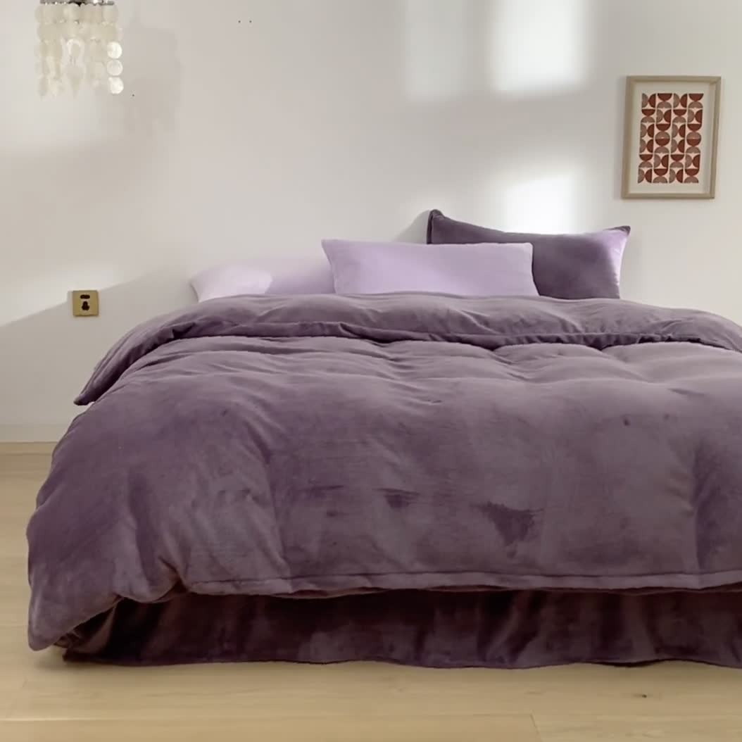 91家纺网 家纺一手货源 找家纺 棉眠 2020新款秋冬纯色牛奶绒四件套 深紫+浅紫