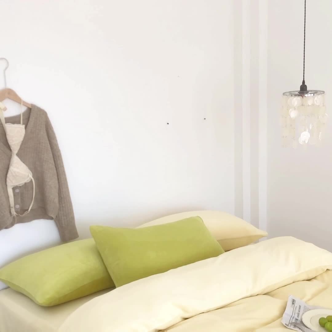 91家纺网 家纺一手货源 找家纺 棉眠 2020新款秋冬纯色牛奶绒四件套 小鸡黄+牛油果绿