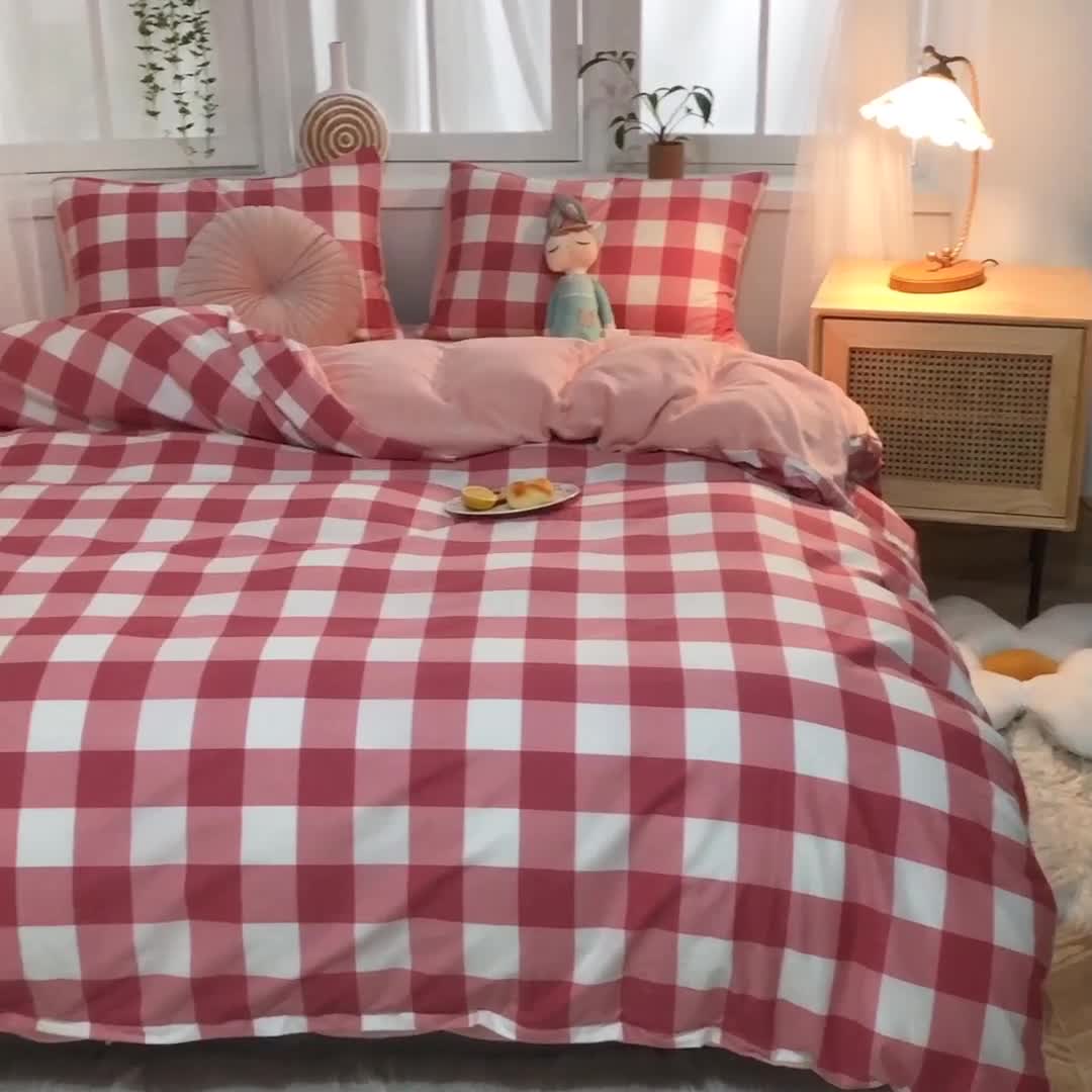 91家纺网 家纺一手货源 找家纺 一米阳光 2020新款全棉加牛奶绒四件套 豆粉格牛奶棉绒