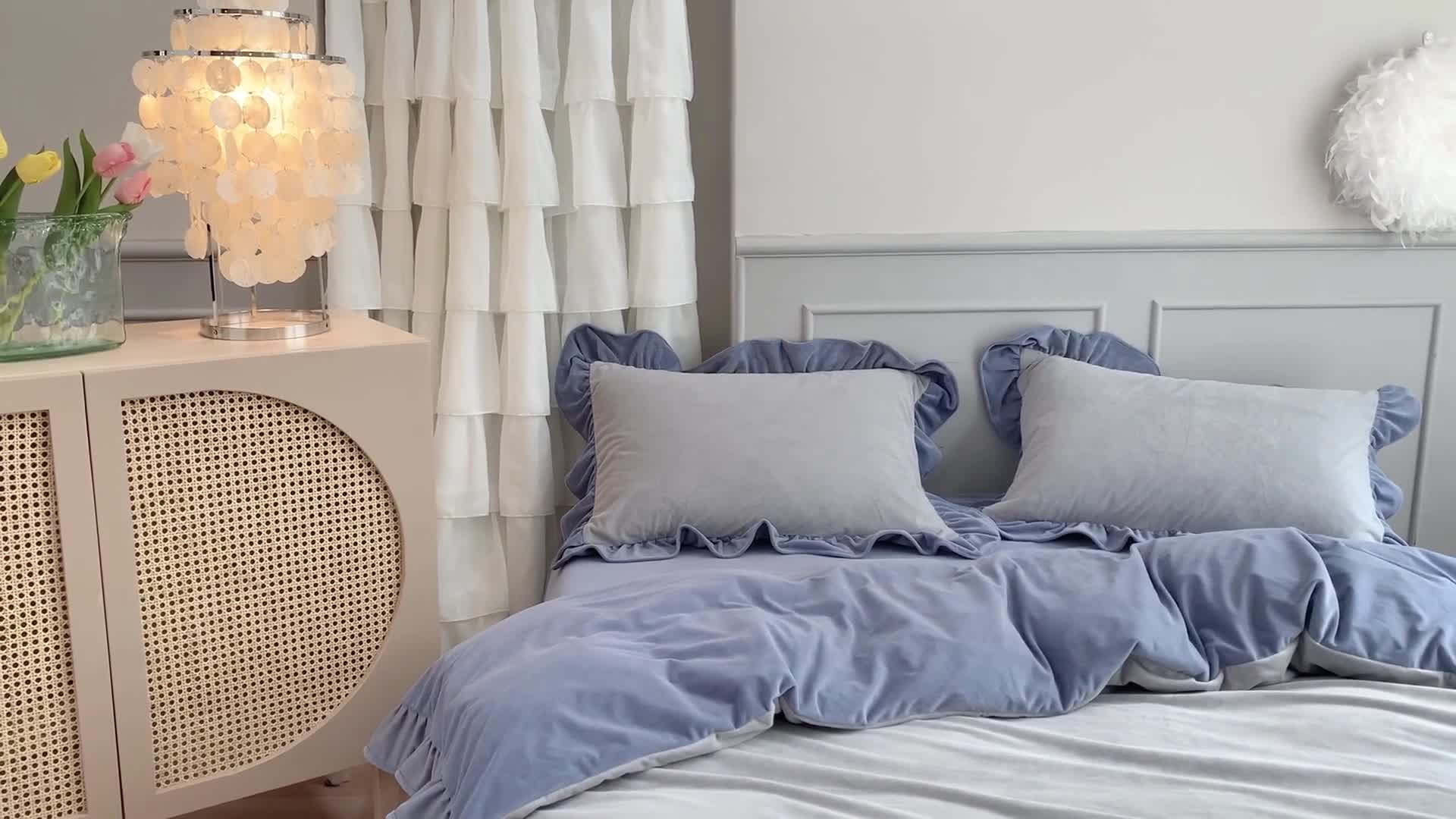 91家纺网 家纺一手货源 找家纺 时年 2021新款婴肤绒纯色花边款四件套 丝绒蓝灰