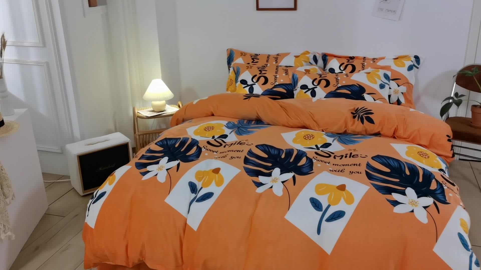 91家纺网 家纺一手货源 找家纺 纽缦 2020新款绒单层床裙四件套 陌上花开橘红