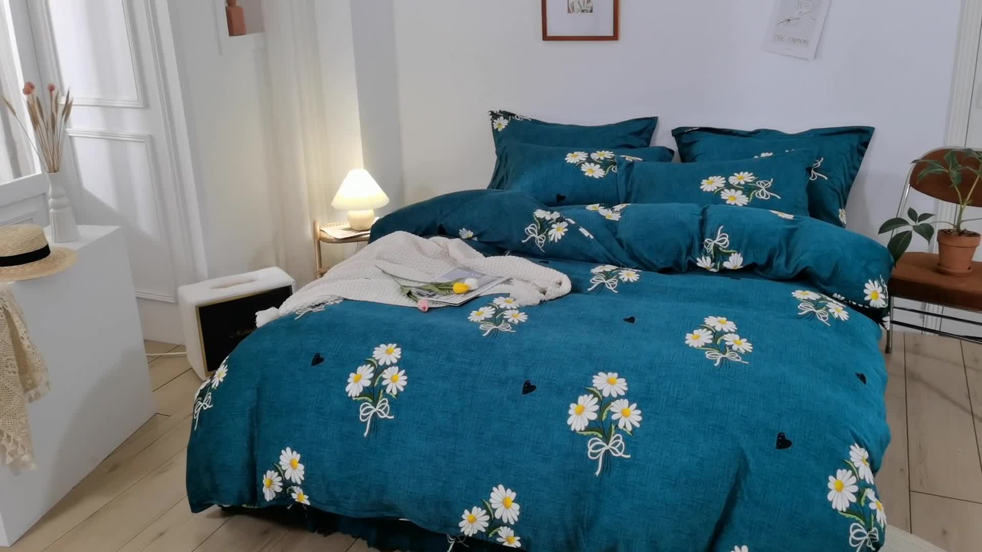 91家纺网 家纺一手货源 找家纺 纽缦 2020新款绒单层床裙四件套 雏菊满园绿