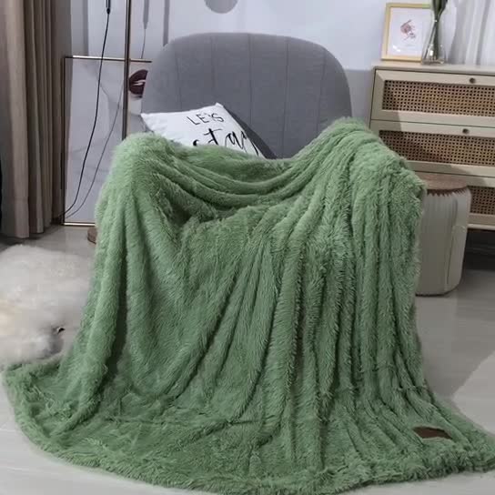 91家纺网 家纺一手货源 找家纺 卡奥家纺 2021多功能双层超柔长毛毯空调毯毛绒被套 果绿色
