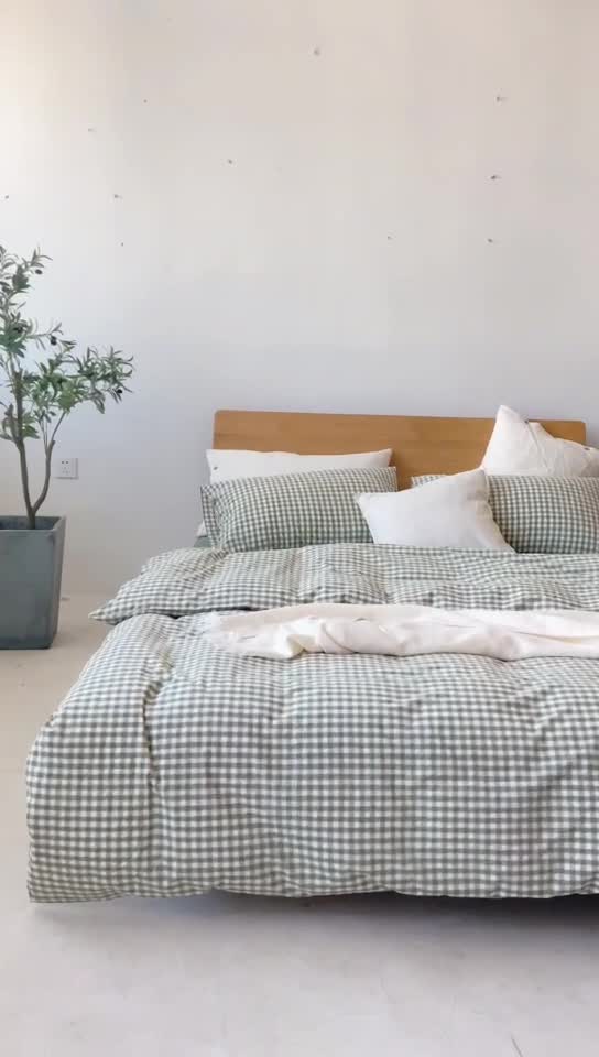 91家纺网 家纺一手货源 找家纺 棉邦 2020新款全棉色织水洗棉四件套日式简约系列 草绿小格