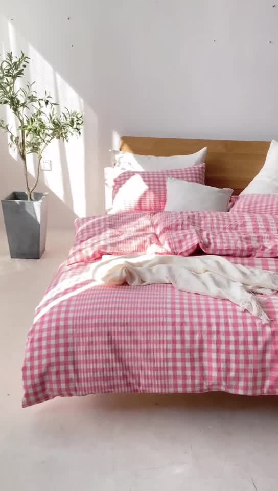 91家纺网 家纺一手货源 找家纺 棉邦 2020新款全棉色织水洗棉四件套日式简约系列 渐变粉