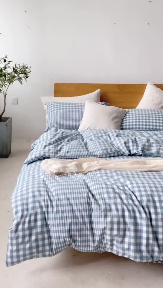 91家纺网 家纺一手货源 找家纺 棉邦 2020新款全棉色织水洗棉四件套日式简约系列 渐变蓝