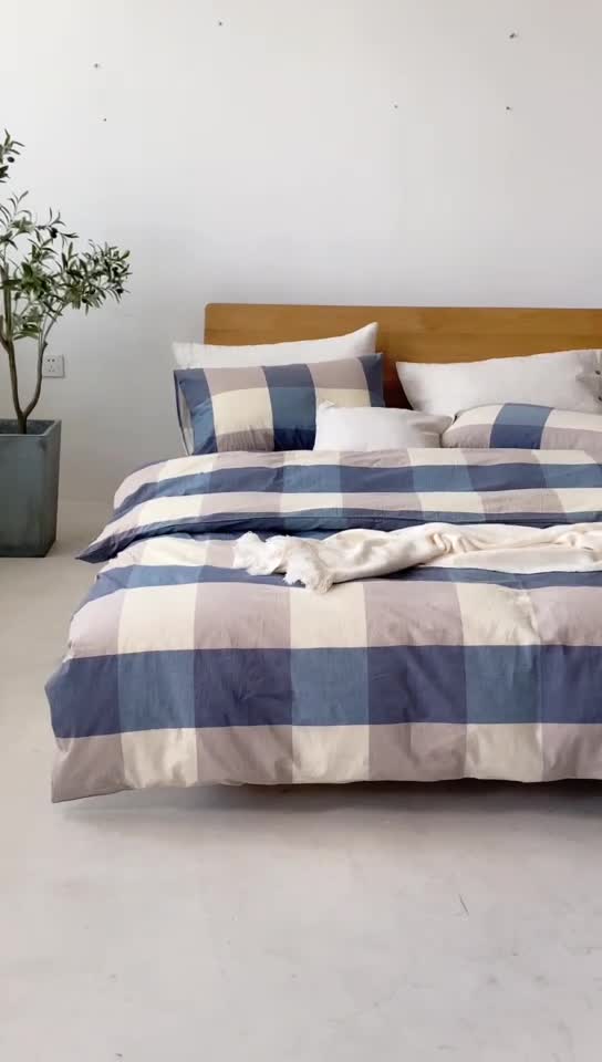 91家纺网 家纺一手货源 找家纺 棉邦 2020新款全棉色织水洗棉四件套日式简约系列 蓝白大格