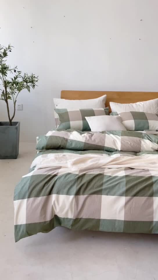 91家纺网 家纺一手货源 找家纺 棉邦 2020新款全棉色织水洗棉四件套日式简约系列 绿大格