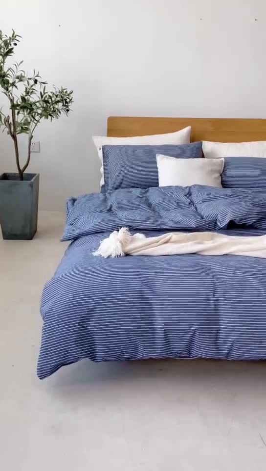 91家纺网 家纺一手货源 找家纺 棉邦 2020新款全棉色织水洗棉四件套日式简约系列 牛仔蓝