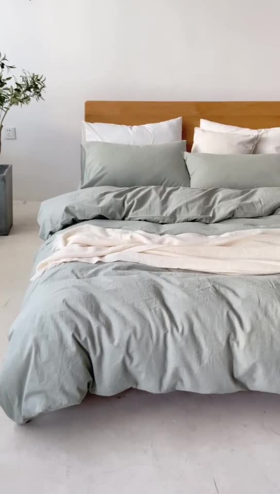 91家纺网 家纺一手货源 找家纺 棉邦 2020新款全棉色织水洗棉四件套日式简约系列 水绿