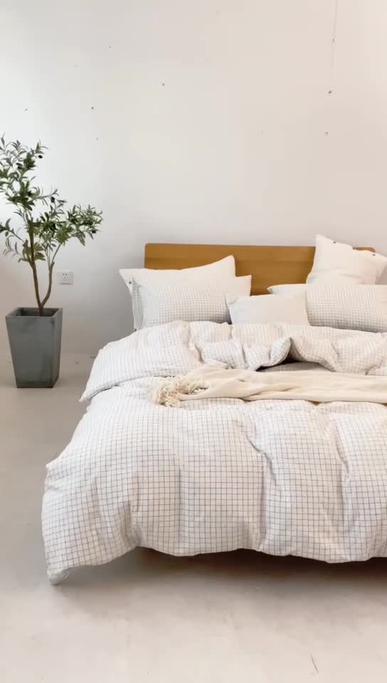 91家纺网 家纺一手货源 找家纺 棉邦 2020新款全棉色织水洗棉四件套日式简约系列 小白格