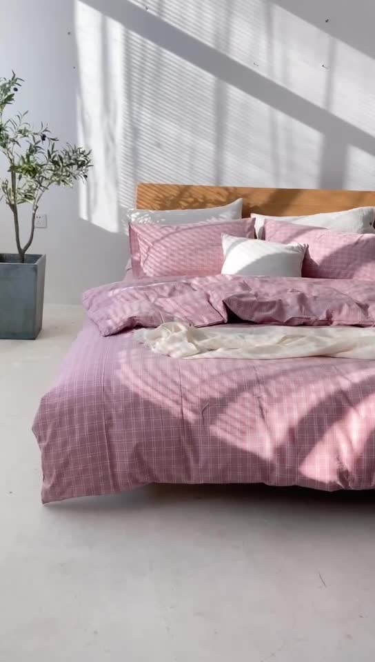 91家纺网 家纺一手货源 找家纺 棉邦 2020新款全棉色织水洗棉四件套日式简约系列 小粉格