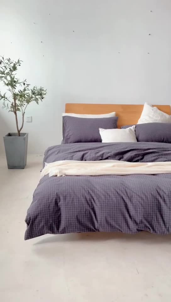 91家纺网 家纺一手货源 找家纺 棉邦 2020新款全棉色织水洗棉四件套日式简约系列 小灰格