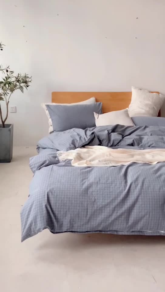 91家纺网 家纺一手货源 找家纺 棉邦 2020新款全棉色织水洗棉四件套日式简约系列 小蓝格