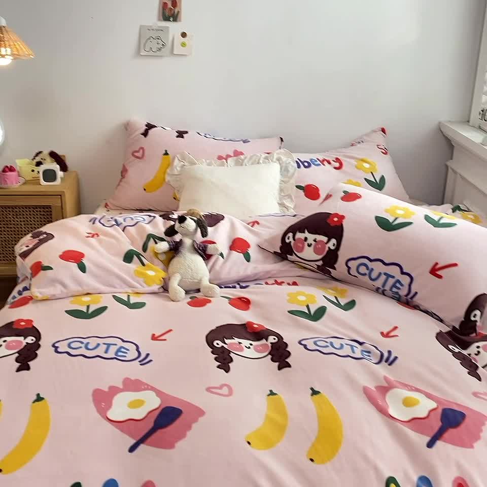 91家纺网 家纺一手货源 找家纺 棉眠 2020新款秋冬卡通牛奶绒四件套 甜心女孩