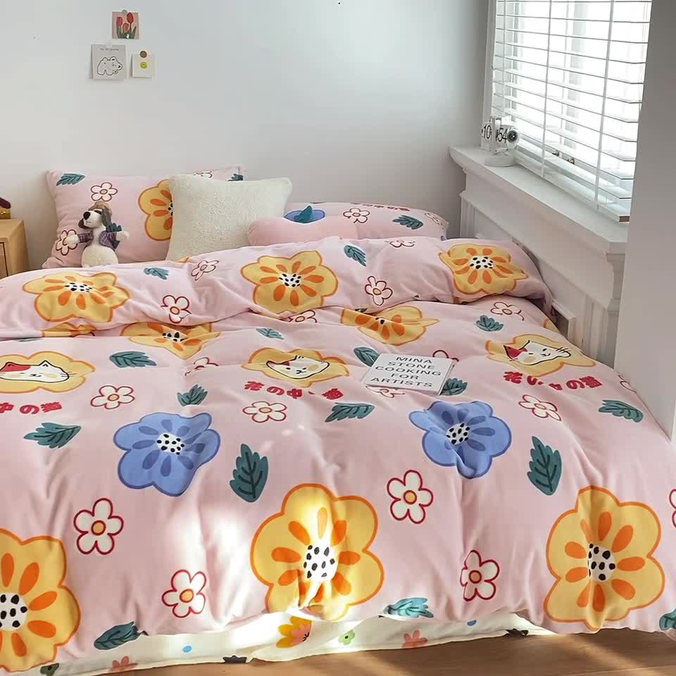 91家纺网 家纺一手货源 找家纺 棉眠 2020新款秋冬卡通牛奶绒四件套 花花猫