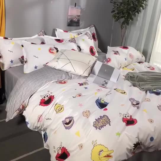 91家纺网 家纺一手货源 找家纺 乐居坊 2020新款简约小清新芦荟棉四件套 芝麻街