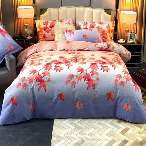 91家纺网 家纺一手货源 找家纺 威克凯丽 2023新款全棉活性生态磨毛四件套香山红叶