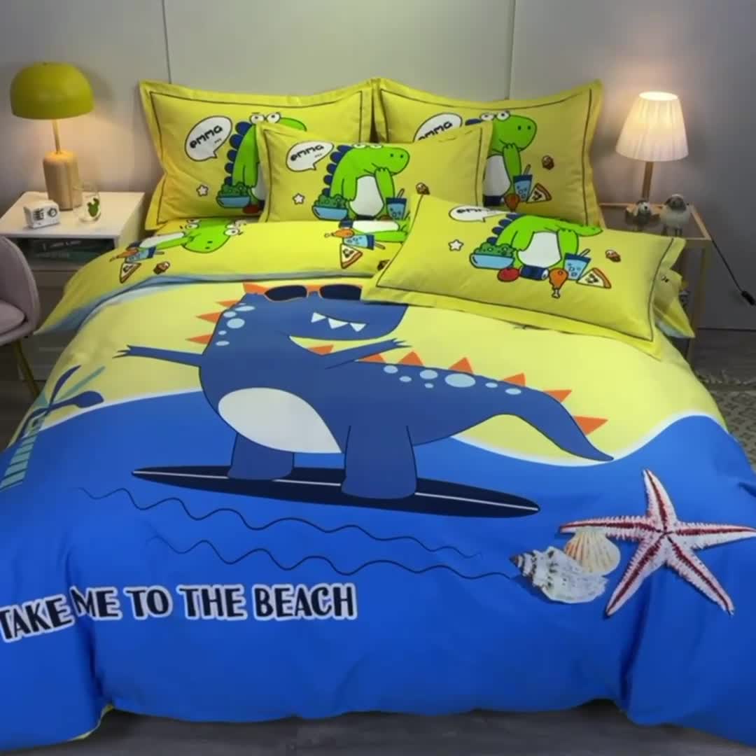 91家纺网 家纺一手货源 找家纺 金爱家 2021新款13372大版全棉卡通四件套 冲浪龙