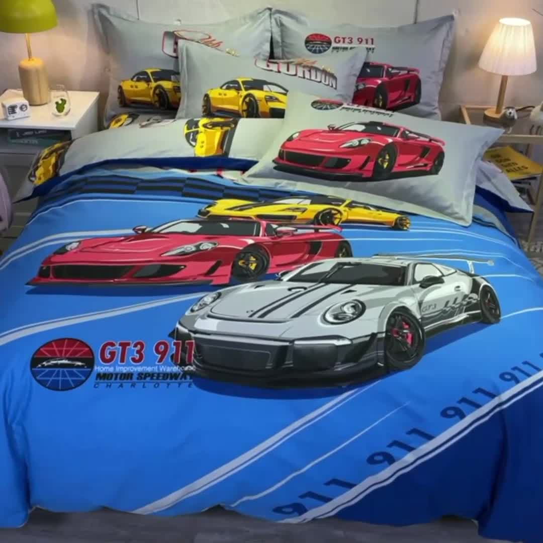 91家纺网 家纺一手货源 找家纺 金爱家 2021新款13372大版全棉卡通四件套 极速赛车