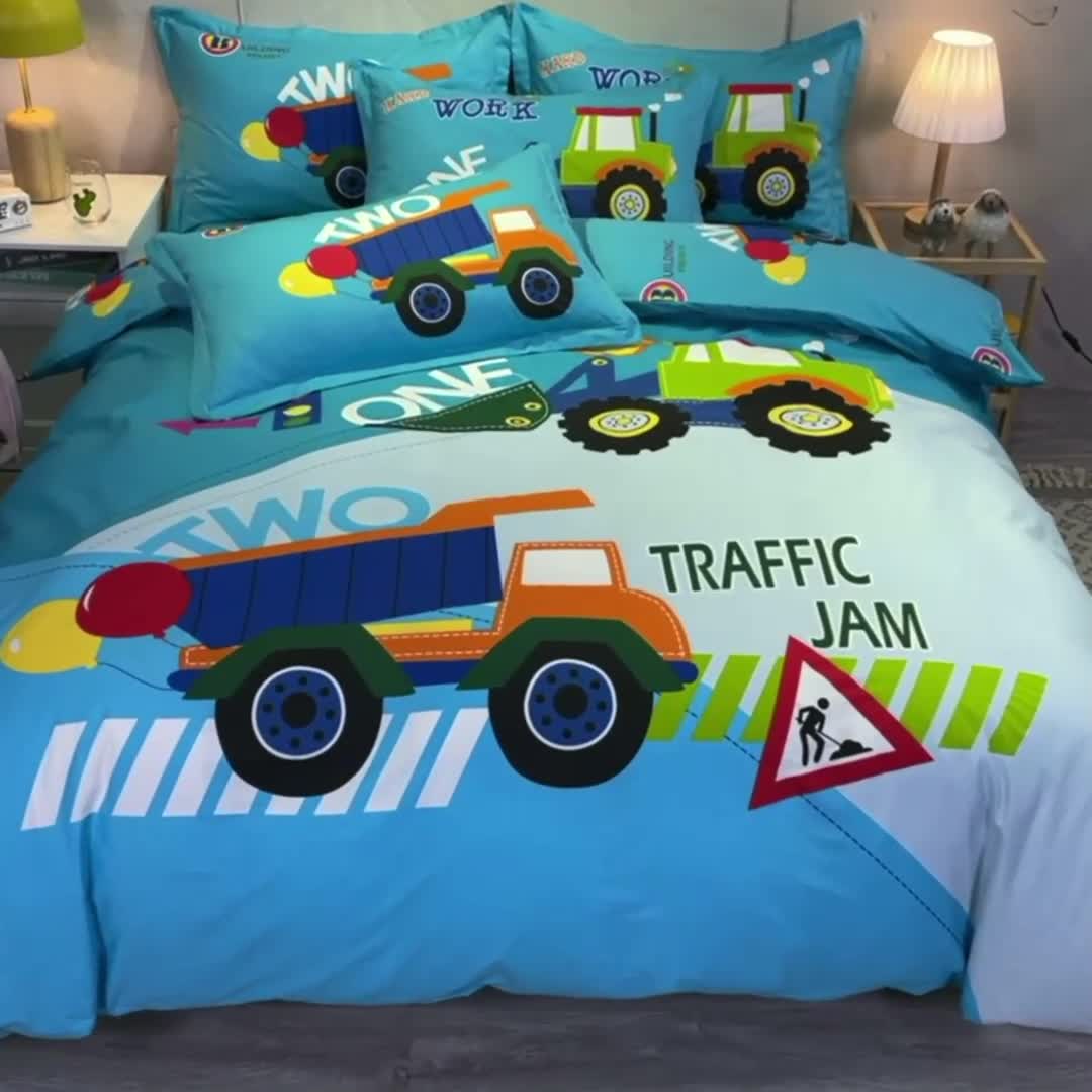 91家纺网 家纺一手货源 找家纺 金爱家 2021新款13372大版全棉卡通四件套 挖土车