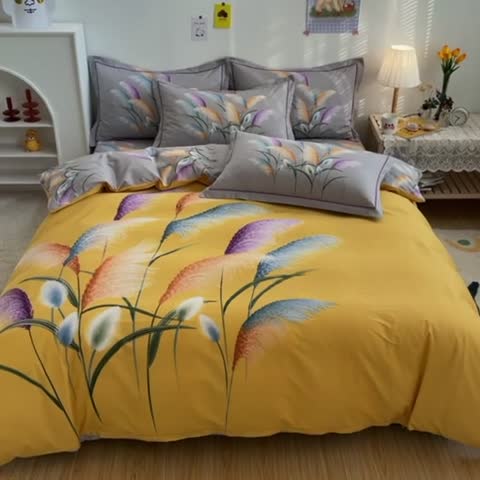 91家纺网 家纺一手货源 找家纺 金爱家 2021新款全棉活性花卉系列四件套 穗禾黄风格1