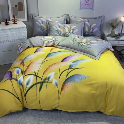 91家纺网 家纺一手货源 找家纺 金爱家 2021新款全棉活性花卉系列四件套 穗禾黄风格2