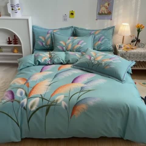 91家纺网 家纺一手货源 找家纺 金爱家 2021新款全棉活性花卉系列四件套 穗禾绿风格1