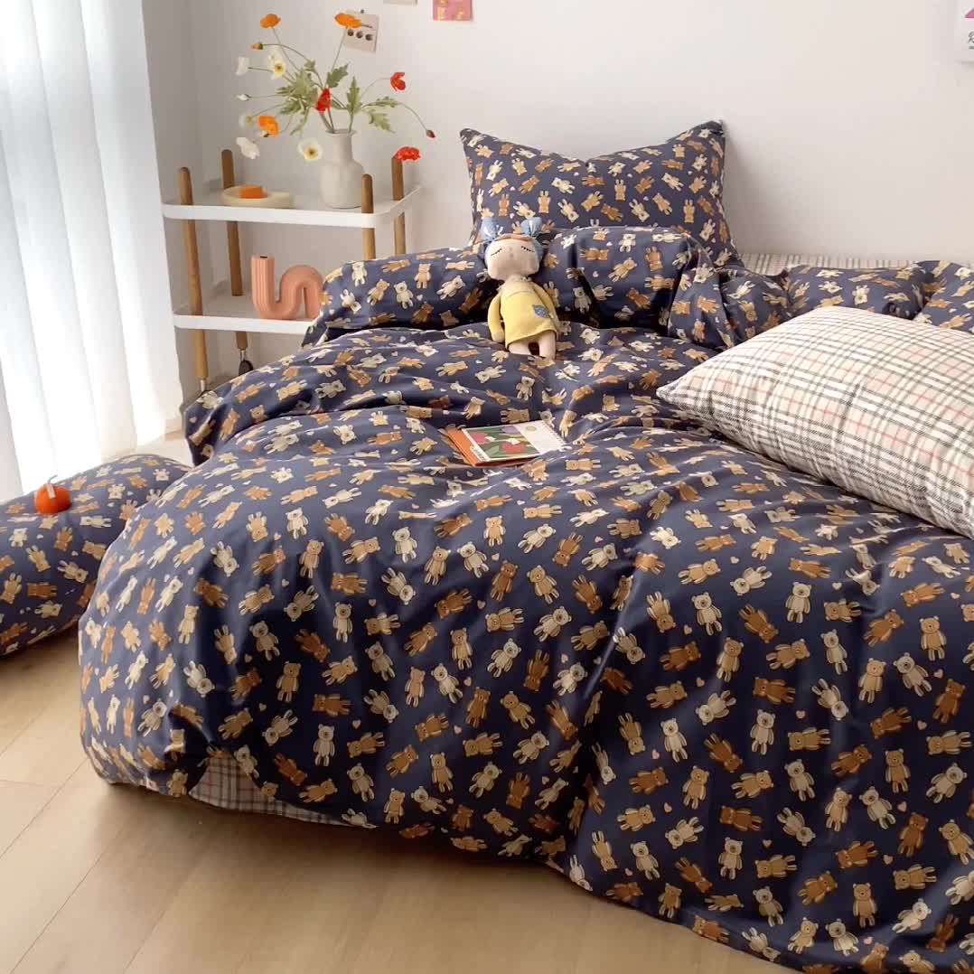 91家纺网 家纺一手货源 找家纺 沐棉家居  2022年新款13370全棉印花四件套直播爆款 布偶熊