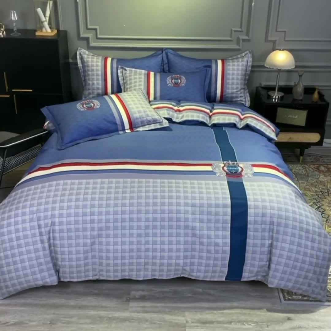 91家纺网 家纺一手货源 找家纺 金爱家 2021新款全棉13372四件套条格简约系列 圣卡罗