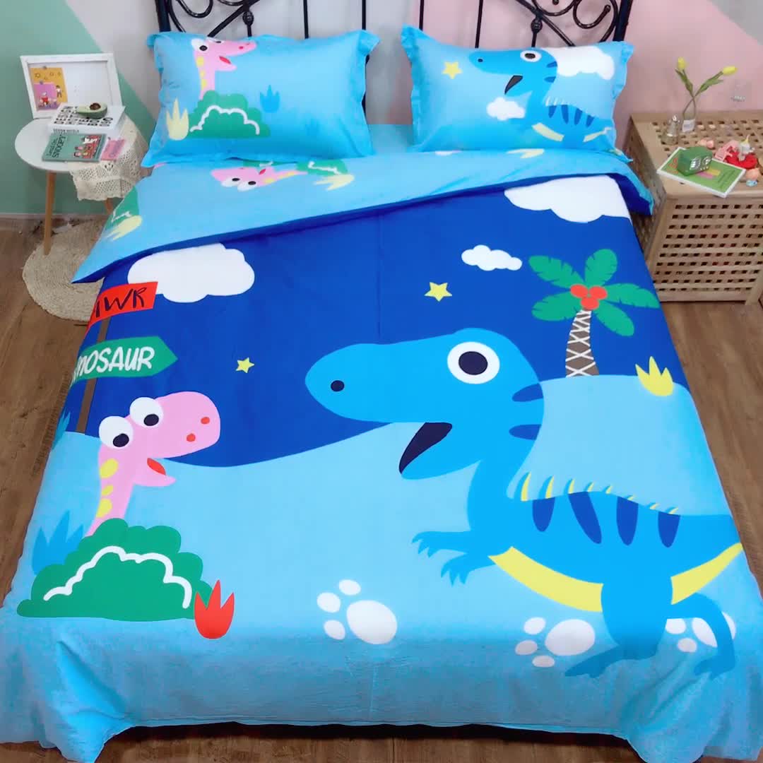 91家纺网 家纺一手货源 找家纺 金爱家 2021新款13070卡通全棉四件套 独家恐龙森林蓝