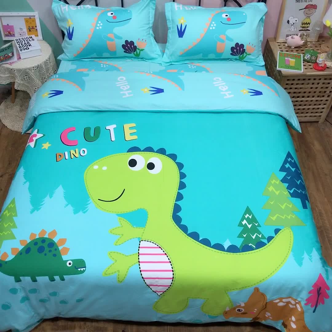 91家纺网 家纺一手货源 找家纺 金爱家 2021新款13070卡通全棉四件套 独家恐龙森林绿