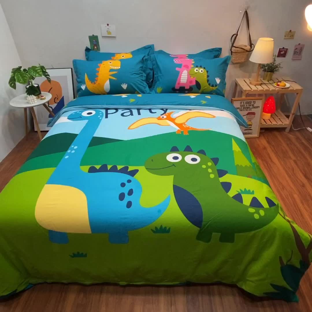91家纺网 家纺一手货源 找家纺 金爱家 2021新款13070卡通全棉四件套 恐龙家族