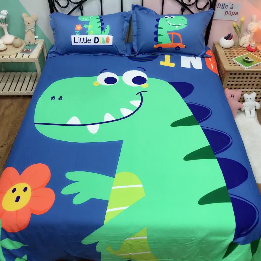 91家纺网 家纺一手货源 找家纺 金爱家 2021新款13070卡通全棉四件套 恐龙乐园