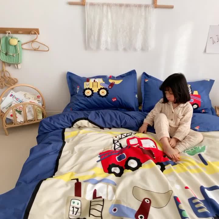 91家纺网 家纺一手货源 找家纺 金爱家 2021新款13372卡通全棉四件套 独家工程车