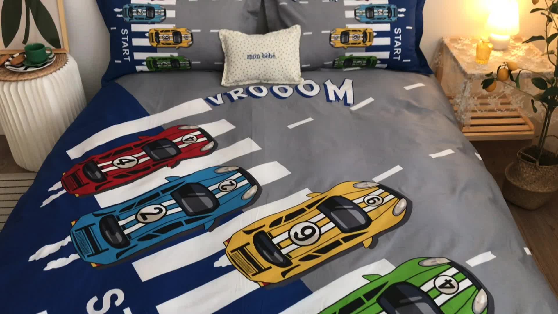 91家纺网 家纺一手货源 找家纺 金爱家 2021新款13372卡通全棉四件套 疯狂赛车