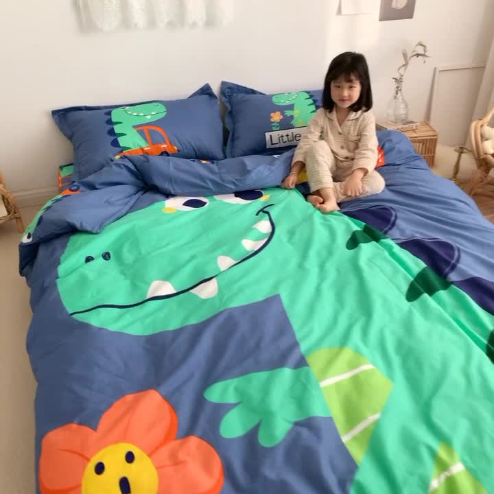 91家纺网 家纺一手货源 找家纺 金爱家 2021新款13372卡通全棉四件套 恐龙乐园1