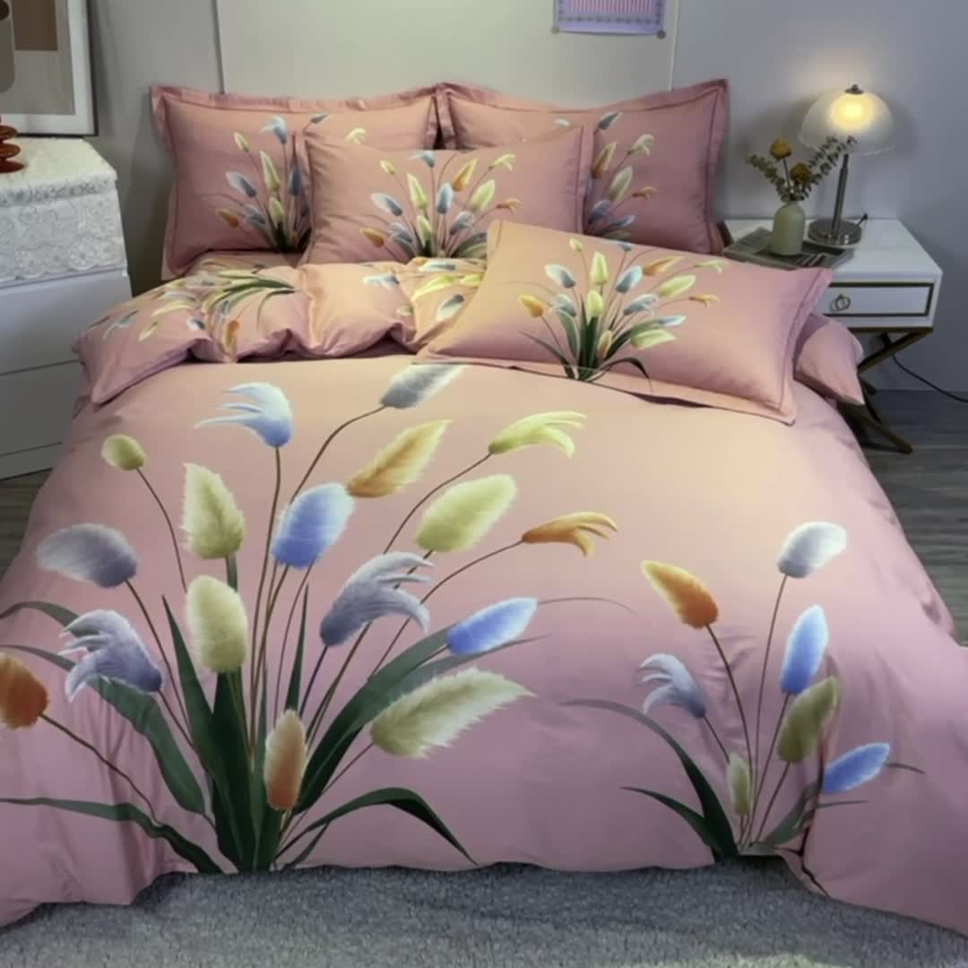 91家纺网 家纺一手货源 找家纺 金爱家 2021新款全棉活性花卉系列四件套 闻香粉