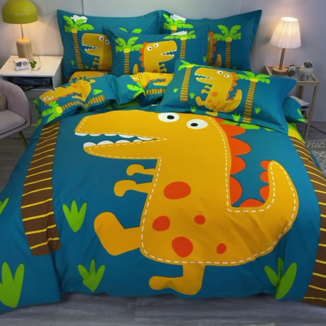91家纺网 家纺一手货源 找家纺 金爱家 2021新款13372大版全棉卡通四件套 恐龙世界