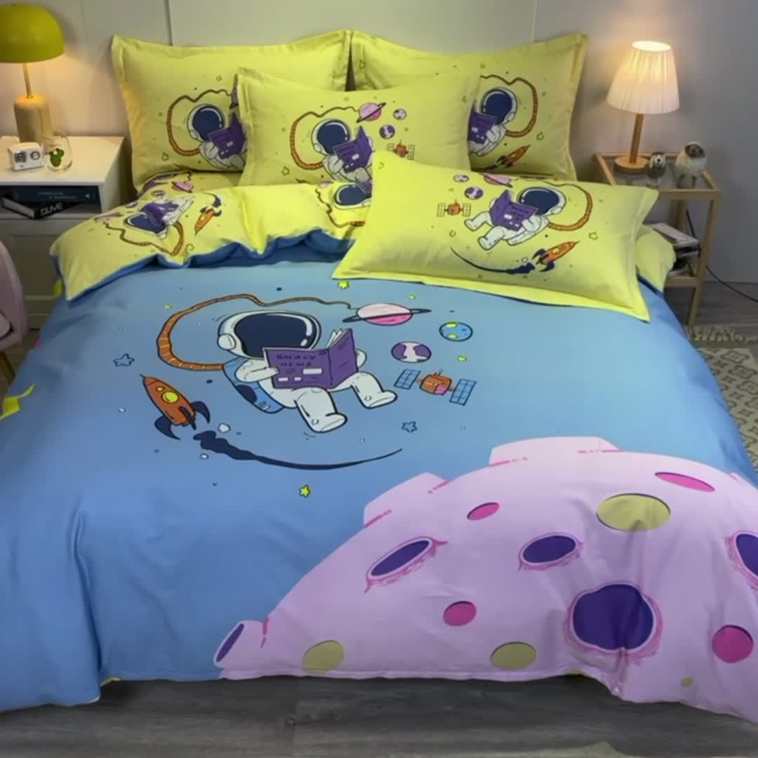 91家纺网 家纺一手货源 找家纺 金爱家 2021新款13372大版全棉卡通四件套 太空