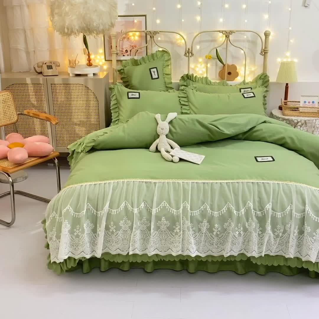 91家纺网 家纺一手货源 找家纺 梦之岛2021新款倾心韩版磨毛蕾丝床单款床裙款四件套 倾心-菲尼绿