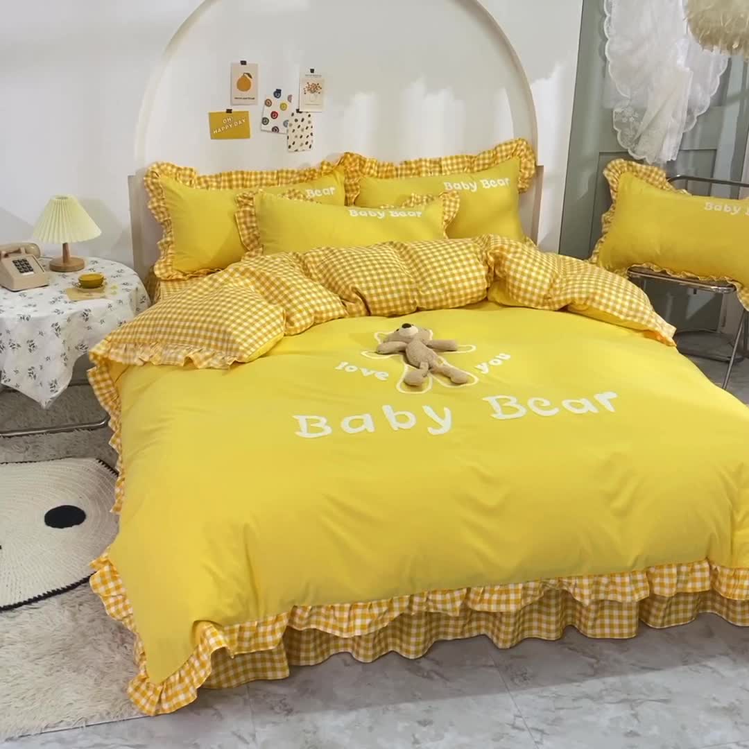 91家纺网 家纺一手货源 找家纺 梦之岛2021新款韩版磨毛床单款床裙款四件套玩偶熊系列 玩偶熊-黄色