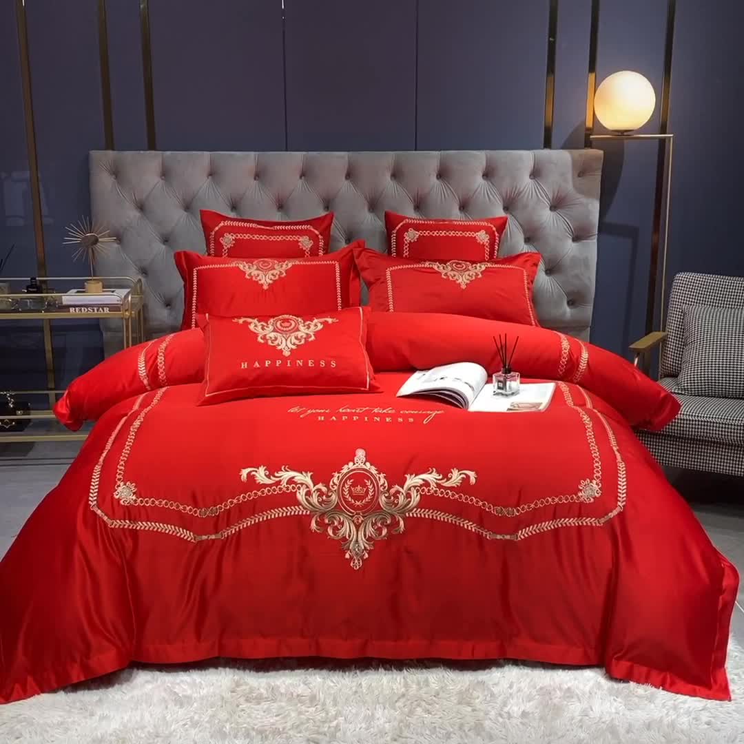 91家纺网 家纺一手货源 找家纺 安妮 2021新款全棉贡缎四件套曼洛系列 大红